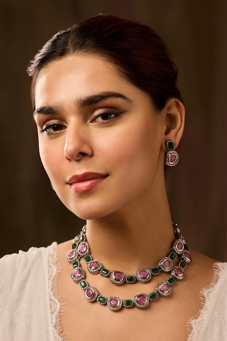 Buy_Paisley Pop_Pink Crystals, Stones Layered Necklace Set _Online_at_Aza_Fashions