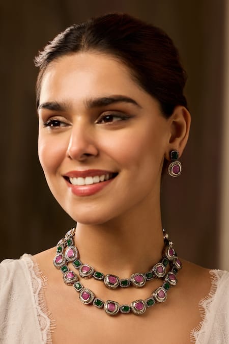 Shop_Paisley Pop_Pink Crystals, Stones Layered Necklace Set _Online_at_Aza_Fashions