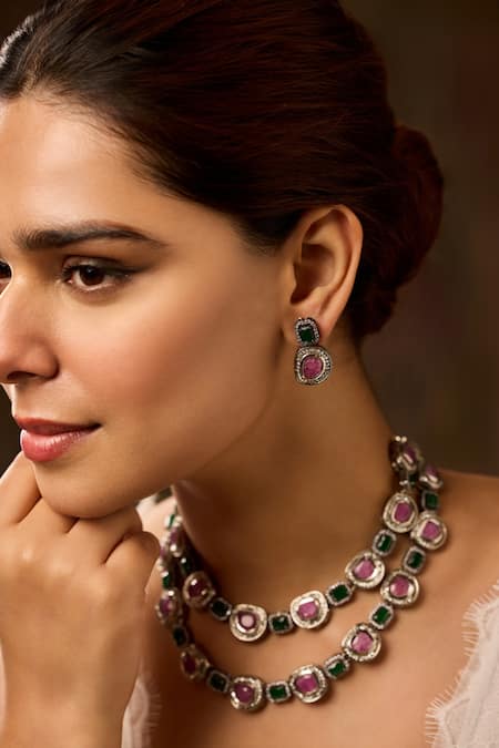 Paisley Pop_Pink Crystals, Stones Layered Necklace Set _at_Aza_Fashions