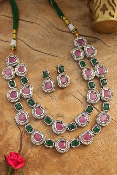 Buy_Paisley Pop_Pink Crystals, Stones Layered Necklace Set 