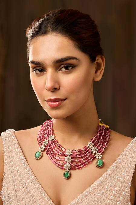 Paisley Pop_Pink Floral Polki Necklace _Online_at_Aza_Fashions