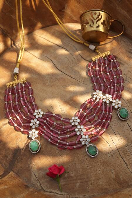 Shop_Paisley Pop_Pink Floral Polki Necklace _Online_at_Aza_Fashions