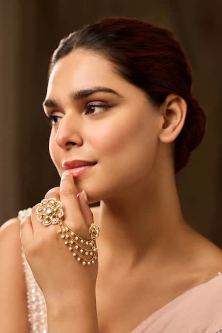 Paisley Pop_Gold Plated Pearls Floral Kundan Ring _Online_at_Aza_Fashions