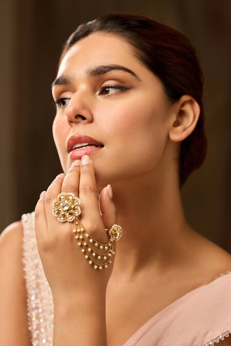 Buy_Paisley Pop_Gold Plated Pearls Floral Kundan Ring _Online_at_Aza_Fashions