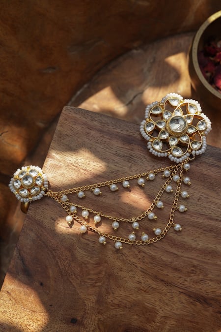 Shop_Paisley Pop_Gold Plated Pearls Floral Kundan Ring _Online_at_Aza_Fashions