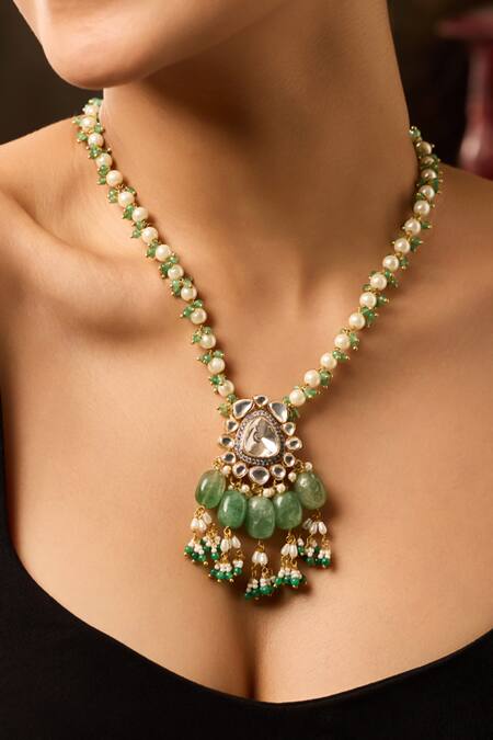 Paisley Pop_Mint Polki Pendant Necklace _Online_at_Aza_Fashions