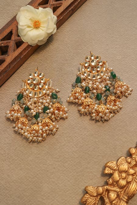 Shop_Paisley Pop_Green Pearls Designer Jhumki Earrings _Online_at_Aza_Fashions