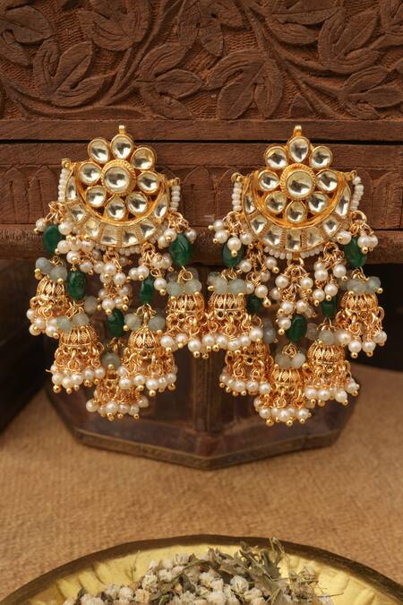 Paisley Pop_Green Pearls Designer Jhumki Earrings _at_Aza_Fashions