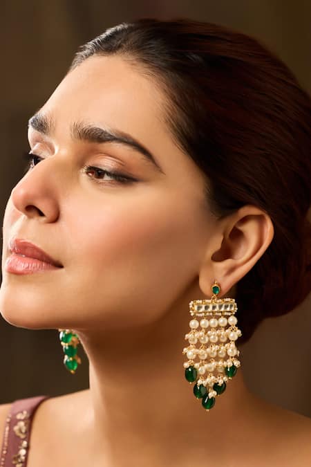 Paisley Pop Green Pearls, Stones Kundan And Earrings Online at Aza Fashions Paisley Pop_Green Pearls, Stones Kundan And Earrings _Online_at_Aza_Fashions