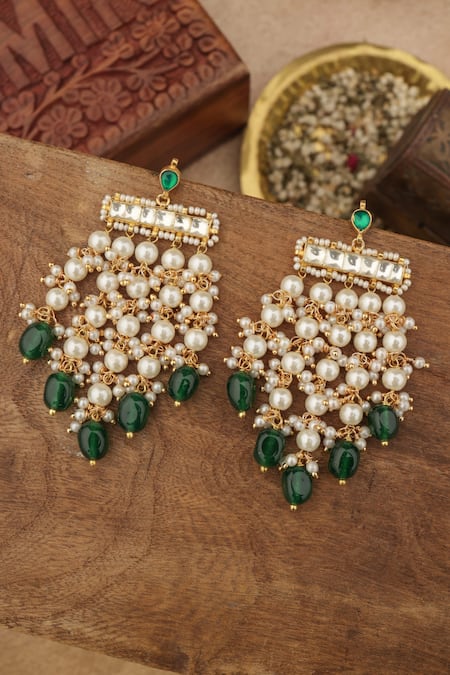 Shop Paisley Pop Green Pearls, Stones Kundan And Earrings Online at Aza Fashions Shop_Paisley Pop_Green Pearls, Stones Kundan And Earrings _Online_at_Aza_Fashions