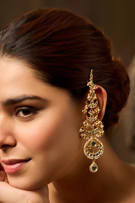 Paisley Pop_Gold Plated Pearls, Stones Kundan Statement Earrings _Online_at_Aza_Fashions