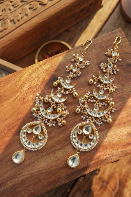 Paisley Pop_Gold Plated Pearls, Stones Kundan Statement Earrings _at_Aza_Fashions