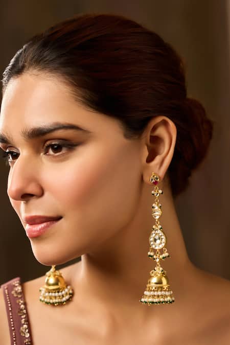 Paisley Pop Green Pearls, Stones Kundan Jhumka Dangler Earrings 