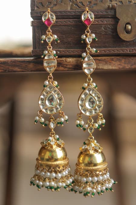 Buy_Paisley Pop_Green Pearls, Stones Kundan Jhumka Dangler Earrings _Online_at_Aza_Fashions