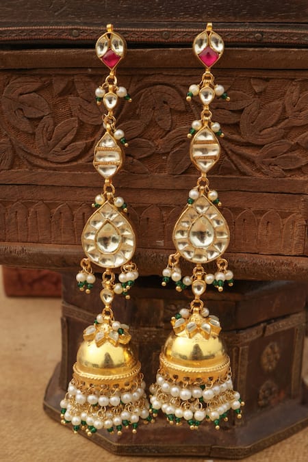 Shop_Paisley Pop_Green Pearls, Stones Kundan Jhumka Dangler Earrings _Online_at_Aza_Fashions