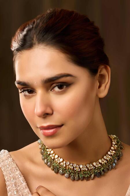 Paisley Pop_Green Designer Mother Of Pearl Choker Necklace _Online_at_Aza_Fashions