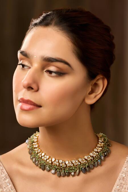 Shop_Paisley Pop_Green Designer Mother Of Pearl Choker Necklace _Online_at_Aza_Fashions