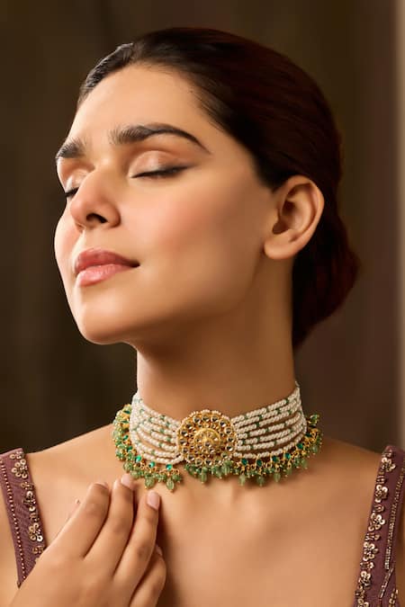 Paisley Pop Mint Kundan Choker Necklace at Aza Fashions Paisley Pop_Mint Kundan Choker Necklace _at_Aza_Fashions