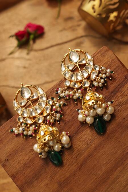 Buy Paisley Pop Green Pearls, Stones Kundan Jhumki Earrings Buy_Paisley Pop_Green Pearls, Stones Kundan Jhumki Earrings
