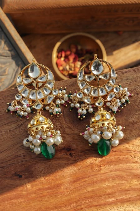 Paisley Pop Green Kundan Jhumki Earrings 
