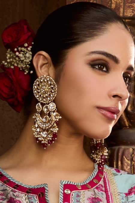 Queens Jewels_Gold Plated Stones, Pearls Suhana Gulnaar Polki Chandbaali Earrings _Online_at_Aza_Fashions