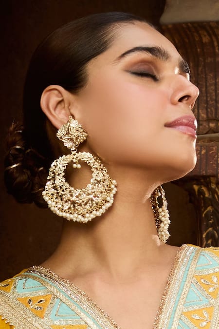 Queens Jewels White Pearls Royal Jadau Chaandbali Earrings Online at Aza Fashions Queens Jewels_White Pearls Royal Jadau Chaandbali Earrings _Online_at_Aza_Fashions