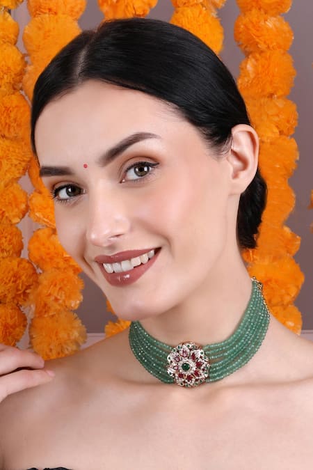 Queens Jewels_Green Royal Emerald Beaded Choker _Online_at_Aza_Fashions