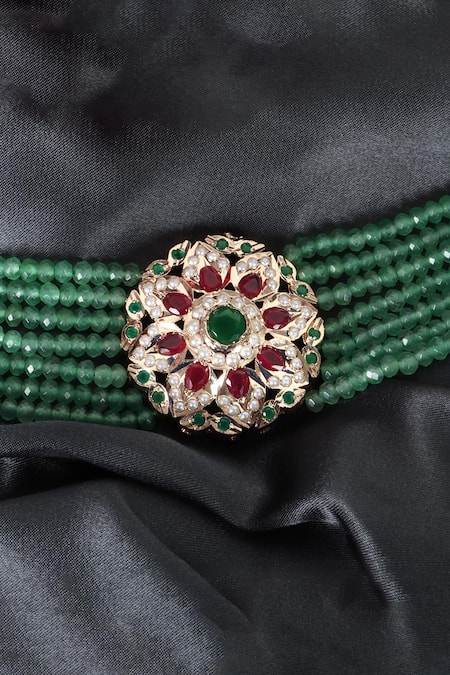 Queens Jewels_Green Royal Emerald Beaded Choker _at_Aza_Fashions