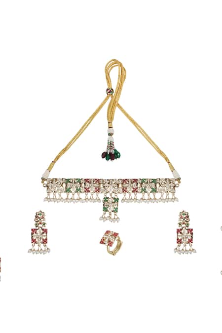 Buy_Queens Jewels_Multi Color Pearls, Stones, Multicolor Pearl-studded Choker Set _Online_at_Aza_Fashions