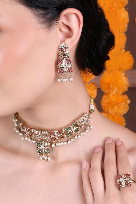 Shop_Queens Jewels_Multi Color Pearls, Stones, Multicolor Pearl-studded Choker Set _Online_at_Aza_Fashions