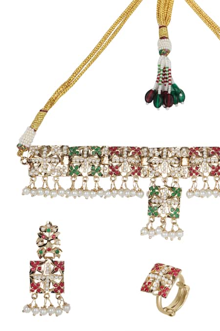 Queens Jewels_Multi Color Pearls, Stones, Multicolor Pearl-studded Choker Set _at_Aza_Fashions
