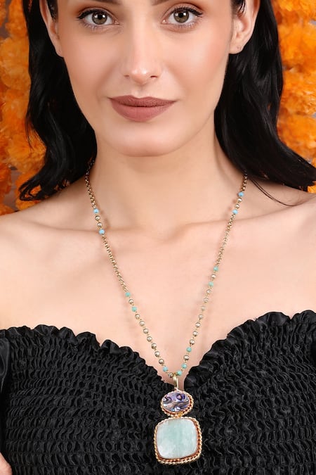 Shop_Queens Jewels_Blue Dual-tone Beaded Chain Pendant Necklace _Online_at_Aza_Fashions