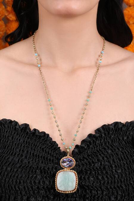 Buy_Queens Jewels_Blue Dual-tone Beaded Chain Pendant Necklace 