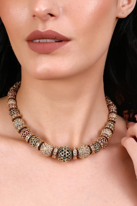 Queens Jewels_Gold Plated Traditional Gold-toned Beaded Necklace _at_Aza_Fashions
