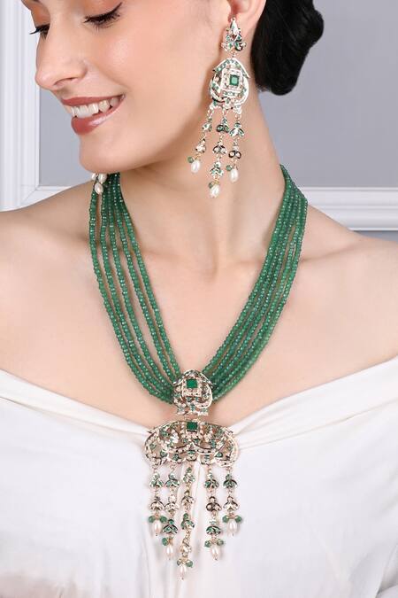 Queens Jewels_Emerald Green Beads, Pearls Heritage Jadau Necklace And Earrings Set _Online_at_Aza_Fashions