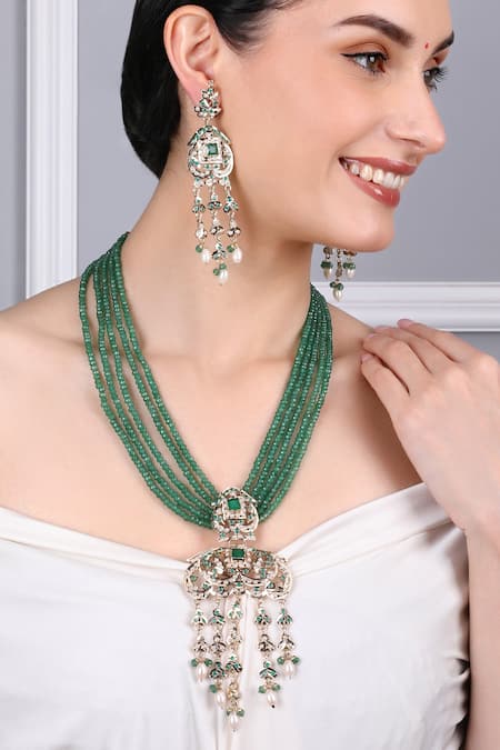 Buy_Queens Jewels_Emerald Green Beads, Pearls Heritage Jadau Necklace And Earrings Set _Online_at_Aza_Fashions