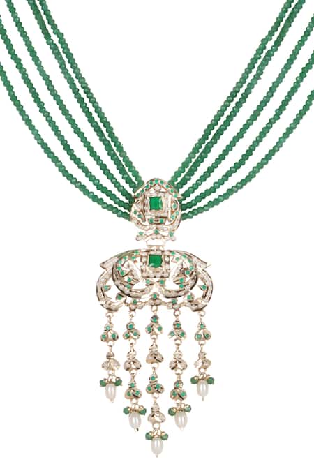 Shop_Queens Jewels_Emerald Green Beads, Pearls Heritage Jadau Necklace And Earrings Set _Online_at_Aza_Fashions