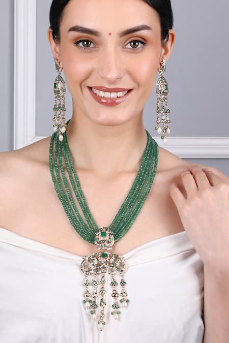 Queens Jewels Emerald Green Beads, Pearls Heritage Jadau Necklace And Earrings Set 