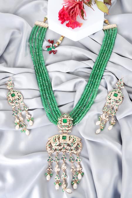 Queens Jewels_Emerald Green Beads, Pearls Heritage Jadau Necklace And Earrings Set _at_Aza_Fashions