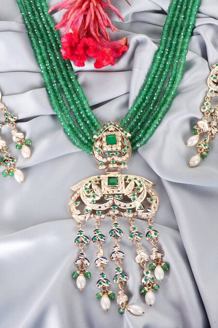 Buy_Queens Jewels_Emerald Green Beads, Pearls Heritage Jadau Necklace And Earrings Set 