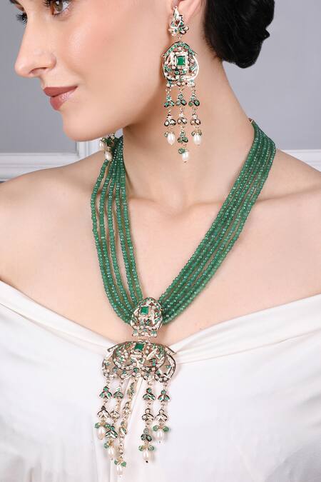 Shop_Queens Jewels_Emerald Green Beads, Pearls Heritage Jadau Necklace And Earrings Set 
