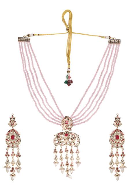 Queens Jewels_Pink Pearls, Gemstones Royal Jadau Necklace Set _Online_at_Aza_Fashions