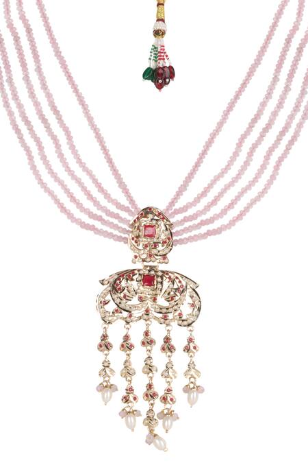 Shop_Queens Jewels_Pink Pearls, Gemstones Royal Jadau Necklace Set _Online_at_Aza_Fashions