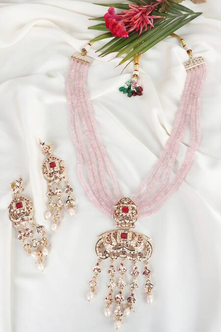 Queens Jewels_Pink Pearls, Gemstones Royal Jadau Necklace Set _at_Aza_Fashions