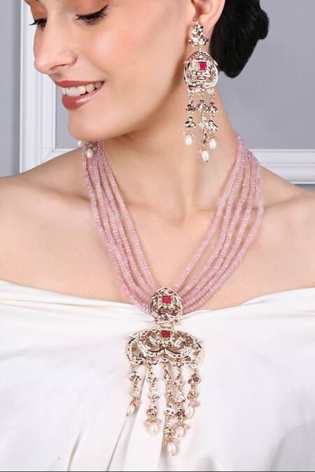 Buy_Queens Jewels_Pink Pearls, Gemstones Royal Jadau Necklace Set 