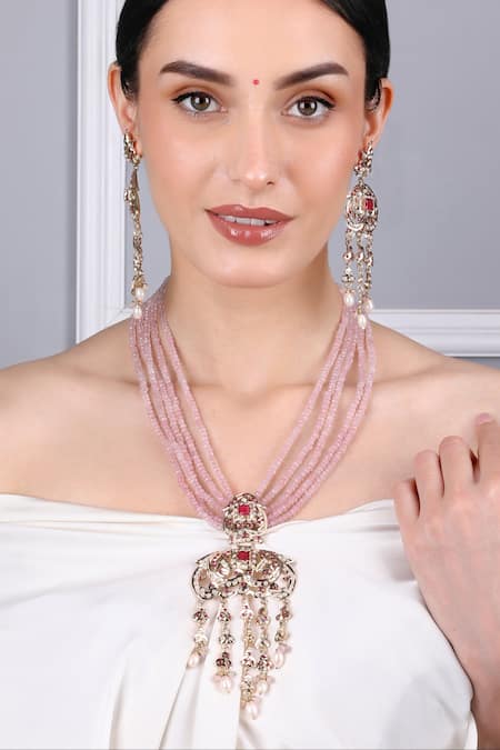 Queens Jewels Pink Pearls, Gemstones Royal Jadau Necklace Set 