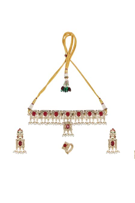 Buy Queens Jewels Red Faux Diamonds, Pearls, Gemstones Royal Ruby And White Choker Set Online at Aza Fashions Buy_Queens Jewels_Red Faux Diamonds, Pearls, Gemstones Royal Ruby And White Choker Set _Online_at_Aza_Fashions