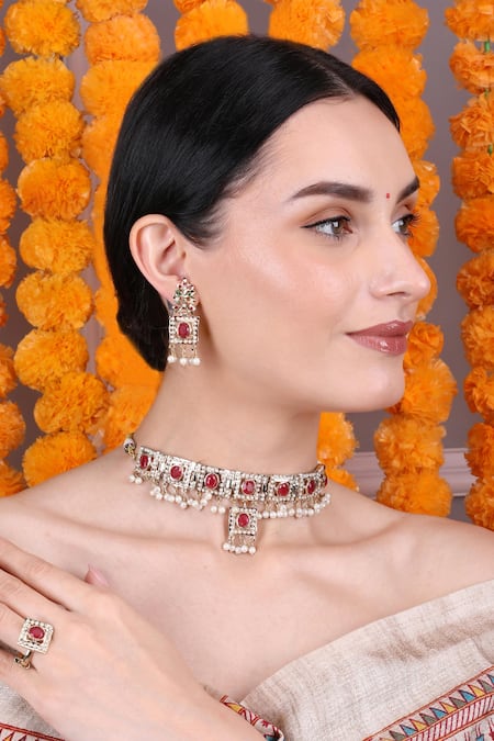 Shop Queens Jewels Red Faux Diamonds, Pearls, Gemstones Royal Ruby And White Choker Set Online at Aza Fashions Shop_Queens Jewels_Red Faux Diamonds, Pearls, Gemstones Royal Ruby And White Choker Set _Online_at_Aza_Fashions