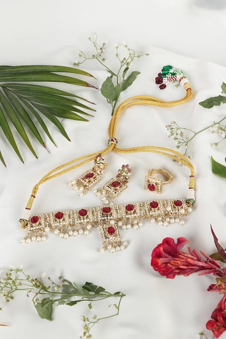 Shop Queens Jewels Red Faux Diamonds, Pearls, Gemstones Royal Ruby And White Choker Set at Aza Fashions Shop_Queens Jewels_Red Faux Diamonds, Pearls, Gemstones Royal Ruby And White Choker Set _at_Aza_Fashions