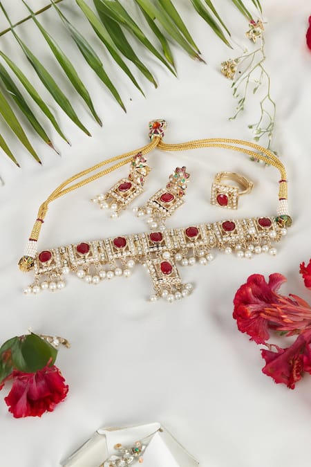 Shop Queens Jewels Red Faux Diamonds, Pearls, Gemstones Royal Ruby And White Choker Set Shop_Queens Jewels_Red Faux Diamonds, Pearls, Gemstones Royal Ruby And White Choker Set